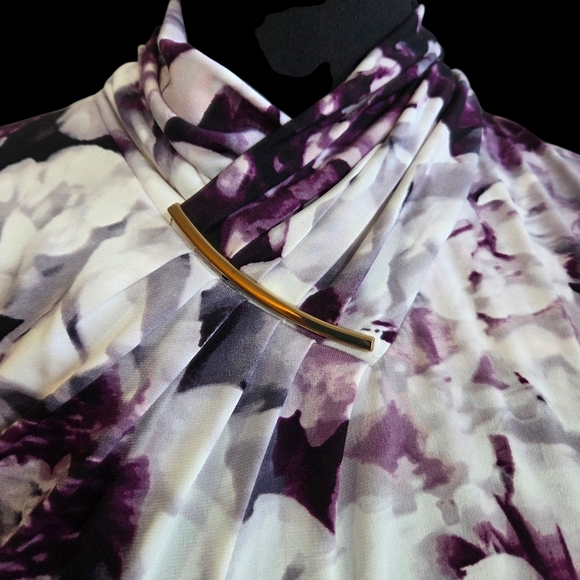 Calvin Klein White and Purple Ruched Blouse with 3/4 Sleeves And Gold Accent S - Picture 2 of 4